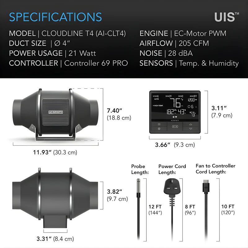 AC Infinity Cloudline Pro T4, Quiet Inline Duct Fan System With Temperature Humidity Vpd Controller, 4-Inch - Image 6